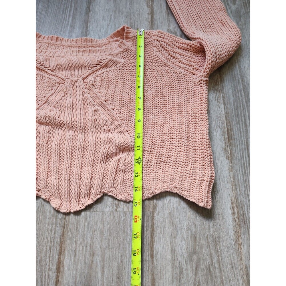 Aerie Chunky Knit Pink Sweater Crop Wide Sleeve Scalloped Hem Oversized Sz S EUC - Picture 7 of 8